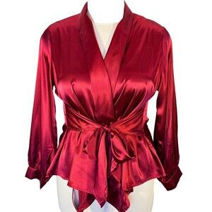 ACEVOG Scarlet Red Wrap Front Satin Blouse Women's XXL Belted Wrap Top